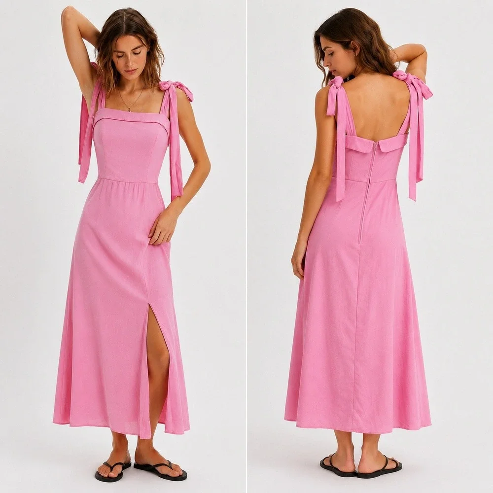 Trixxi Tie Shoulder Midi Dress M Pink Romantic Feminine Coquette‎ Barbiecore